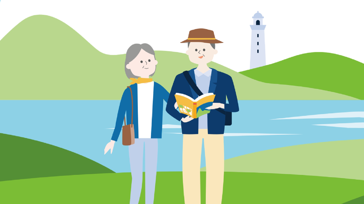 湖畔で地図を見るシニア夫婦と灯台の風景